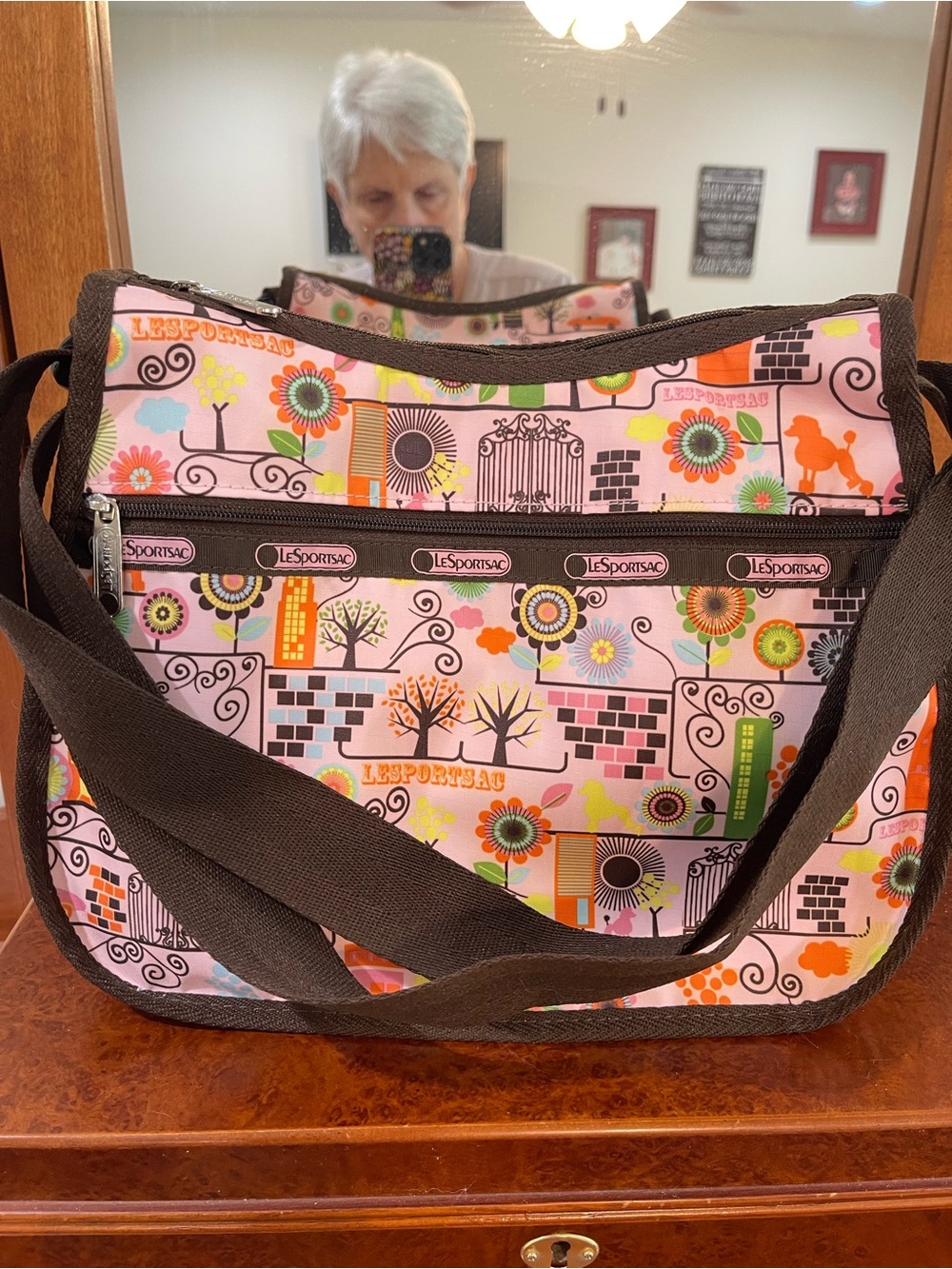 LeSportsac Pink Floral & Graphic Print Crossbody Bag with Brown Trim
